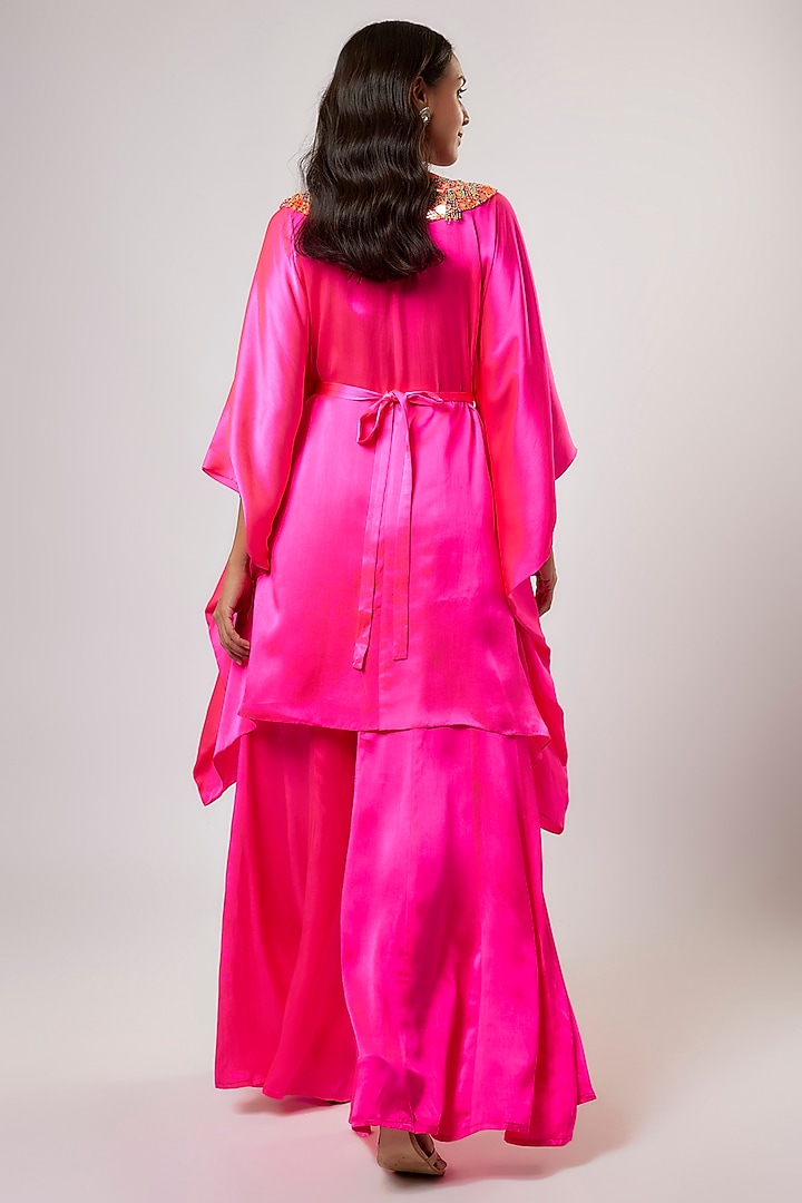 Hot Pink Satin Silk Embroidered Kaftan Set by Akanksha Gajria at Pernia's Pop Up Shop