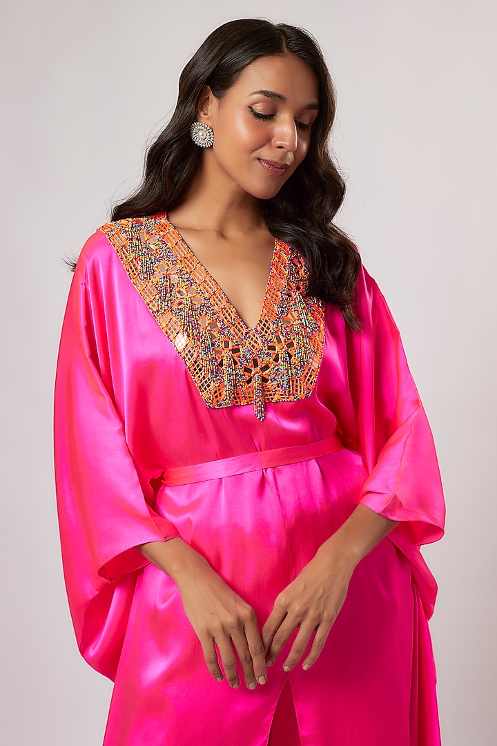 Hot Pink Satin Silk Embroidered Kaftan Set by Akanksha Gajria at Pernia's Pop Up Shop