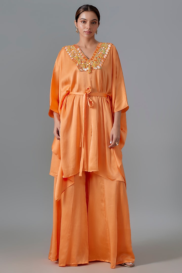 Burnt Orange Pure Satin Silk Mirror Embroidered Kurta Set by Akanksha Gajria at Pernia's Pop Up Shop