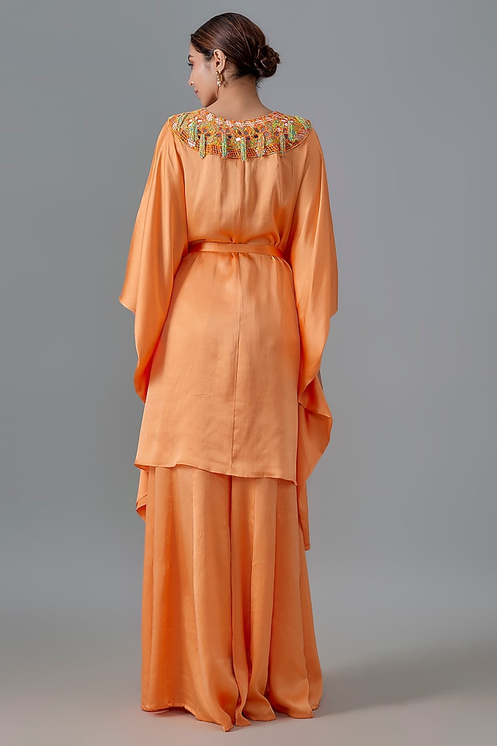 Burnt Orange Pure Satin Silk Mirror Embroidered Kurta Set by Akanksha Gajria at Pernia's Pop Up Shop