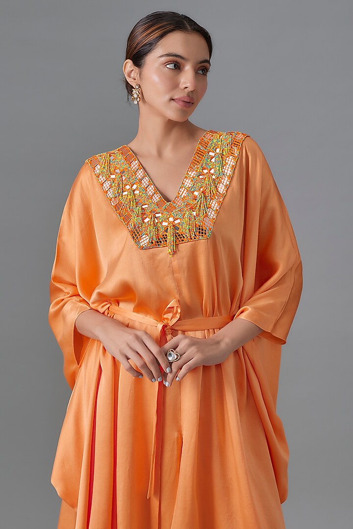 Burnt Orange Pure Satin Silk Mirror Embroidered Kurta Set by Akanksha Gajria at Pernia's Pop Up Shop