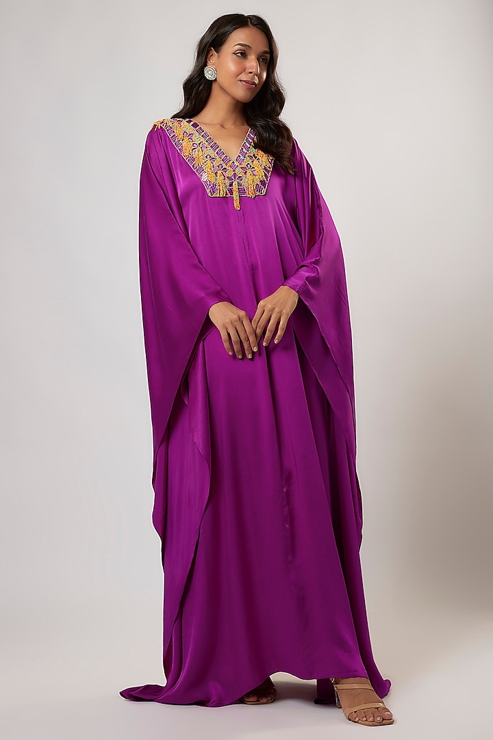 Purple Satin Silk Hand Embroidered Kaftan by Akanksha Gajria