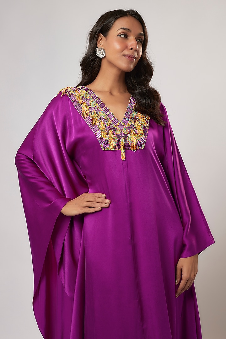 Purple Satin Silk Hand Embroidered Kaftan by Akanksha Gajria at Pernia's Pop Up Shop