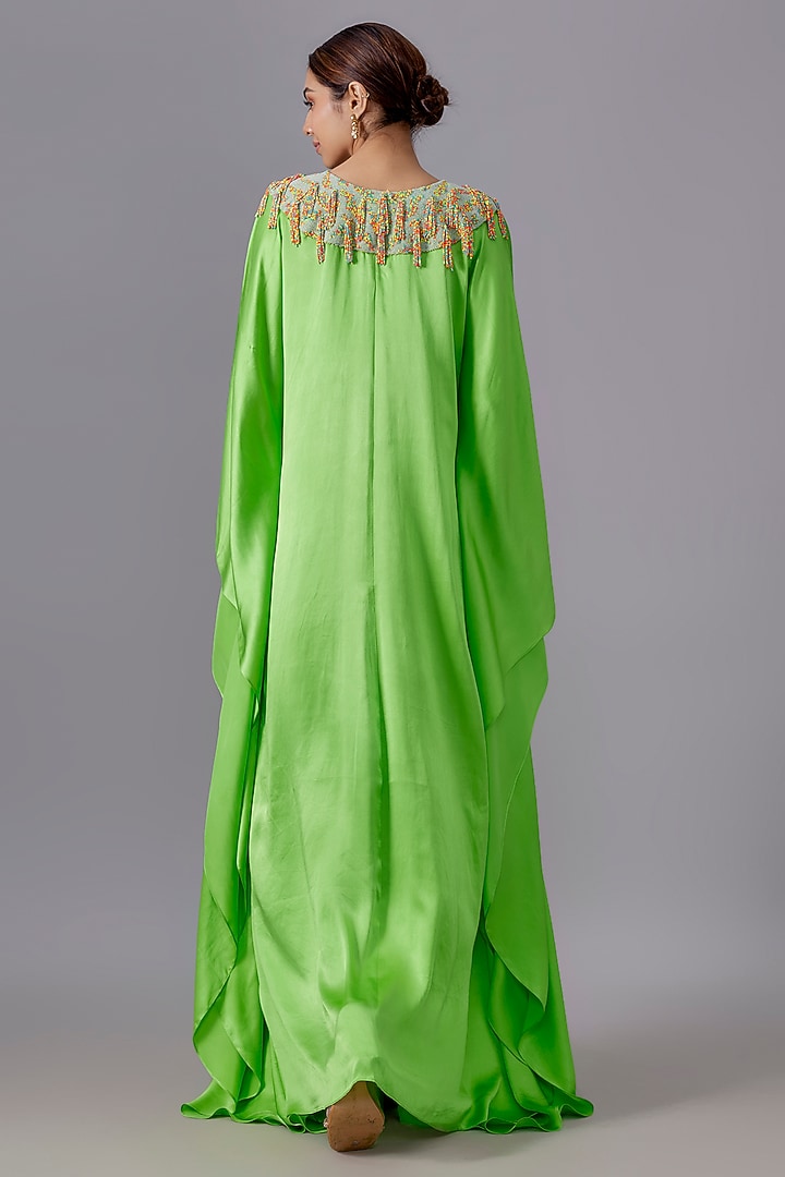 Lime Green Pure Satin Silk Bead Embroidered Kaftan by Akanksha Gajria at Pernia's Pop Up Shop