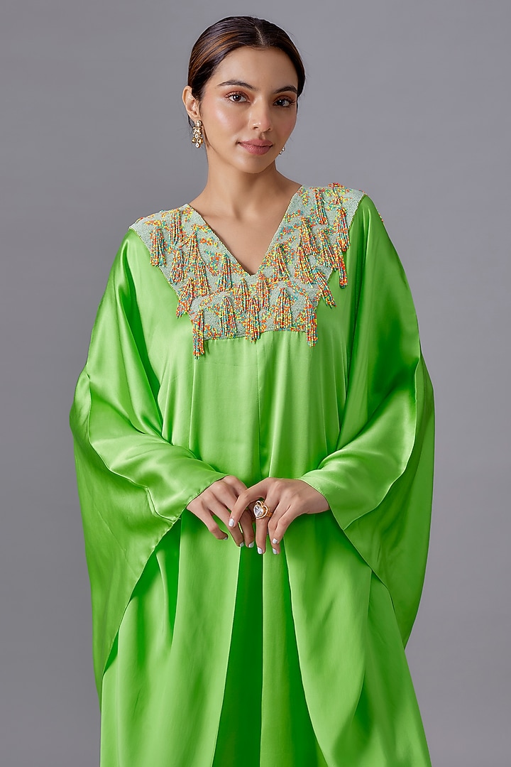 Lime Green Pure Satin Silk Bead Embroidered Kaftan by Akanksha Gajria at Pernia's Pop Up Shop