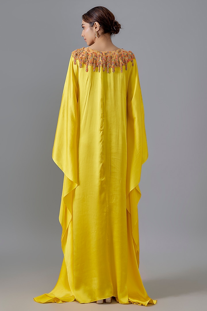 Yellow Pure Satin Silk Bead Embroidered Kaftan by Akanksha Gajria at Pernia's Pop Up Shop