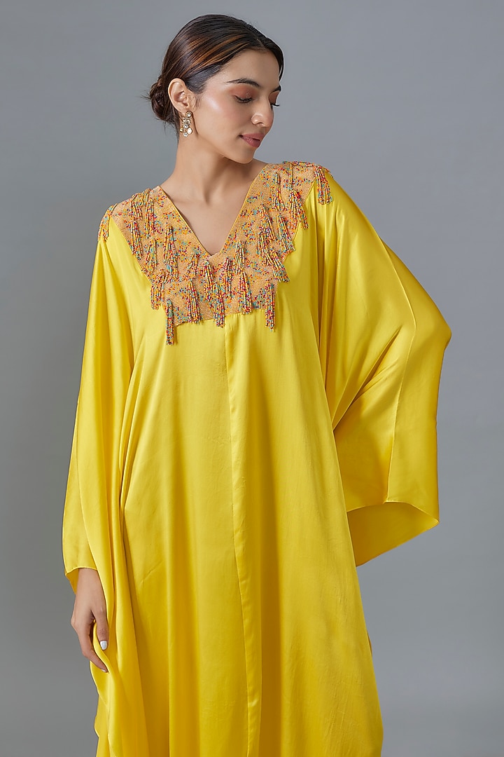 Yellow Pure Satin Silk Bead Embroidered Kaftan by Akanksha Gajria at Pernia's Pop Up Shop
