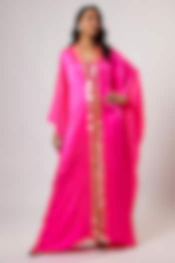 Hot Pink Satin Silk Hand Embroidered Kaftan by Akanksha Gajria at Pernia's Pop Up Shop