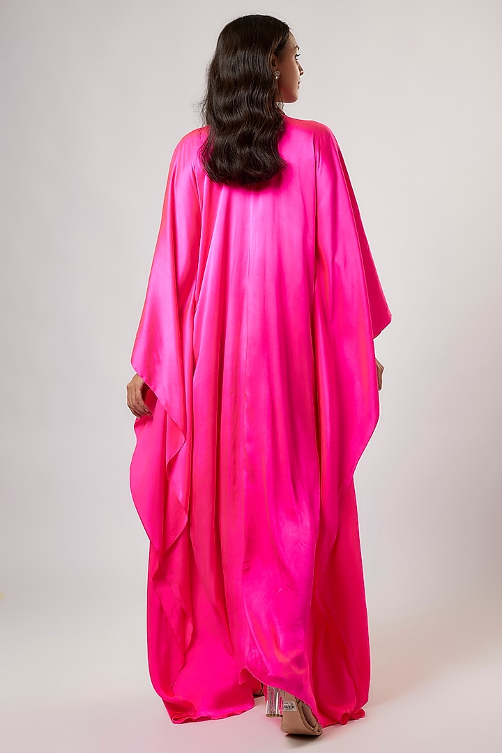 Hot Pink Satin Silk Hand Embroidered Kaftan by Akanksha Gajria at Pernia's Pop Up Shop
