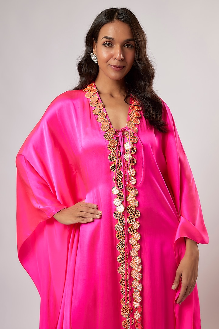 Hot Pink Satin Silk Hand Embroidered Kaftan by Akanksha Gajria at Pernia's Pop Up Shop