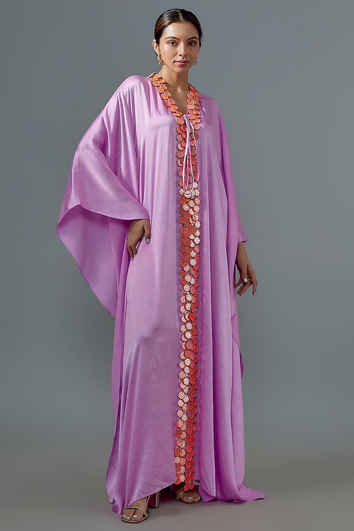 Lilac Pure Satin Silk Bead Embroidered Kaftan by Akanksha Gajria at Pernia's Pop Up Shop