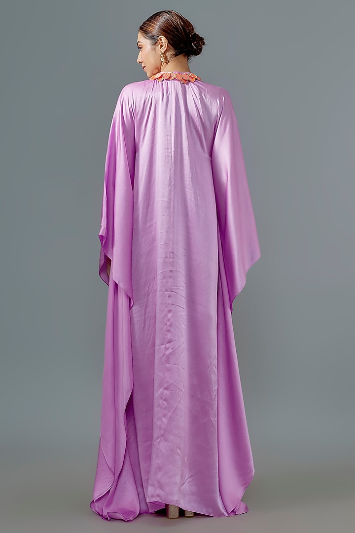 Lilac Pure Satin Silk Bead Embroidered Kaftan by Akanksha Gajria at Pernia's Pop Up Shop