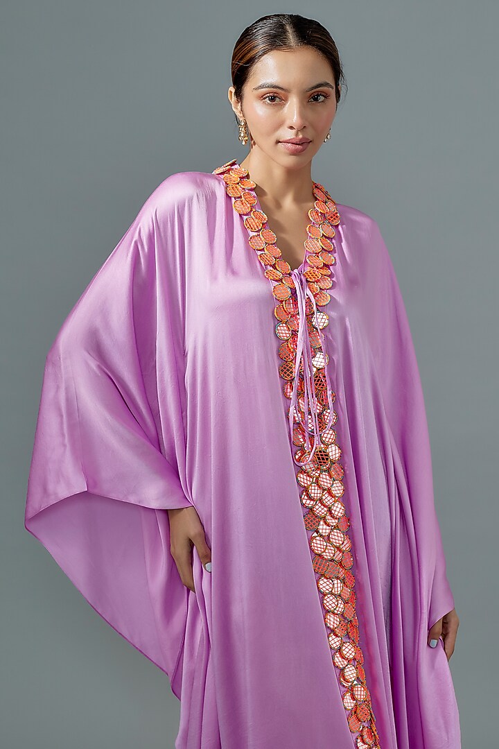Lilac Pure Satin Silk Bead Embroidered Kaftan by Akanksha Gajria at Pernia's Pop Up Shop