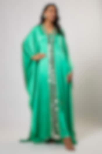 Turquoise Satin Silk Hand Embroidered Kaftan by Akanksha Gajria at Pernia's Pop Up Shop