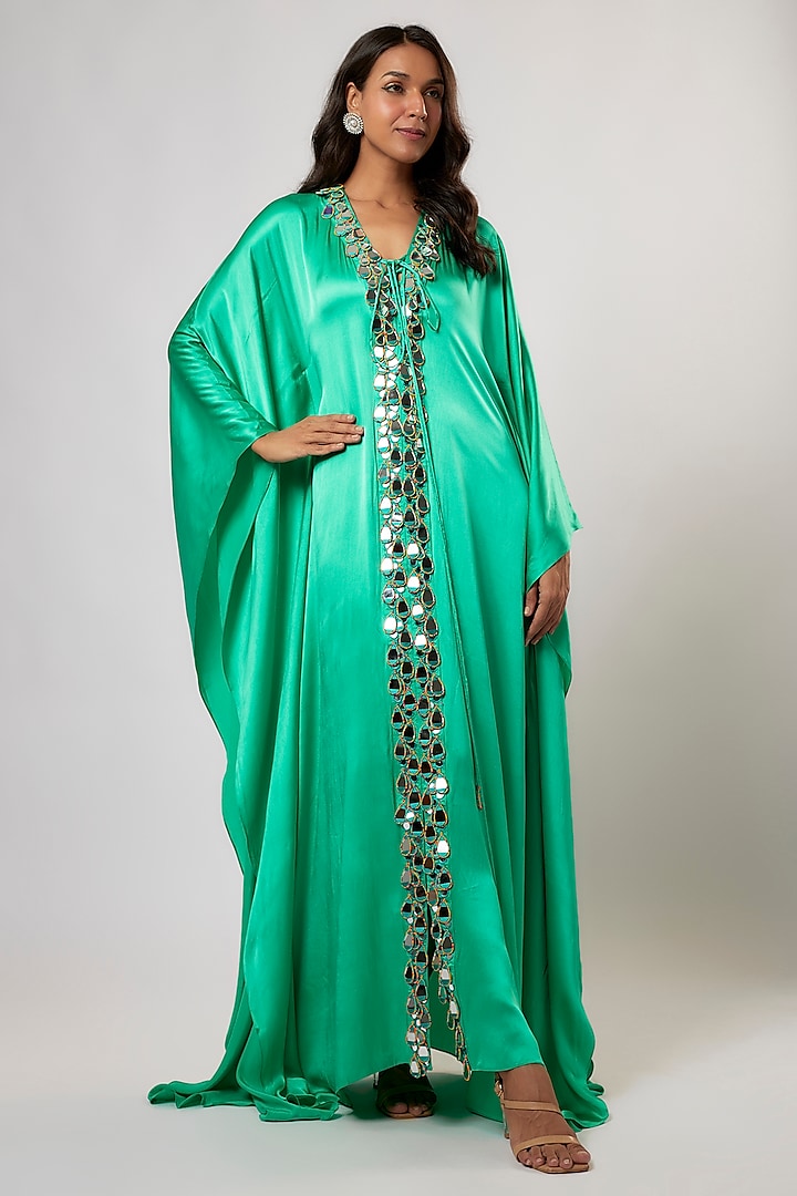 Turquoise Satin Silk Hand Embroidered Kaftan by Akanksha Gajria at Pernia's Pop Up Shop