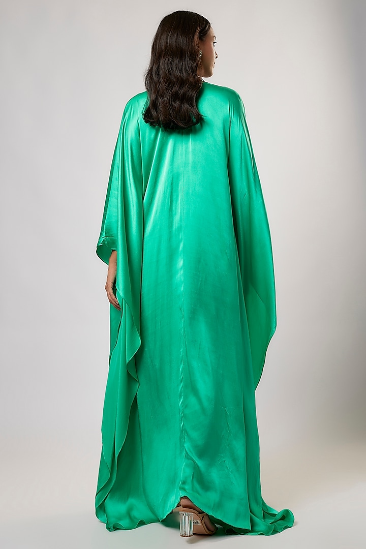 Turquoise Satin Silk Hand Embroidered Kaftan by Akanksha Gajria at Pernia's Pop Up Shop