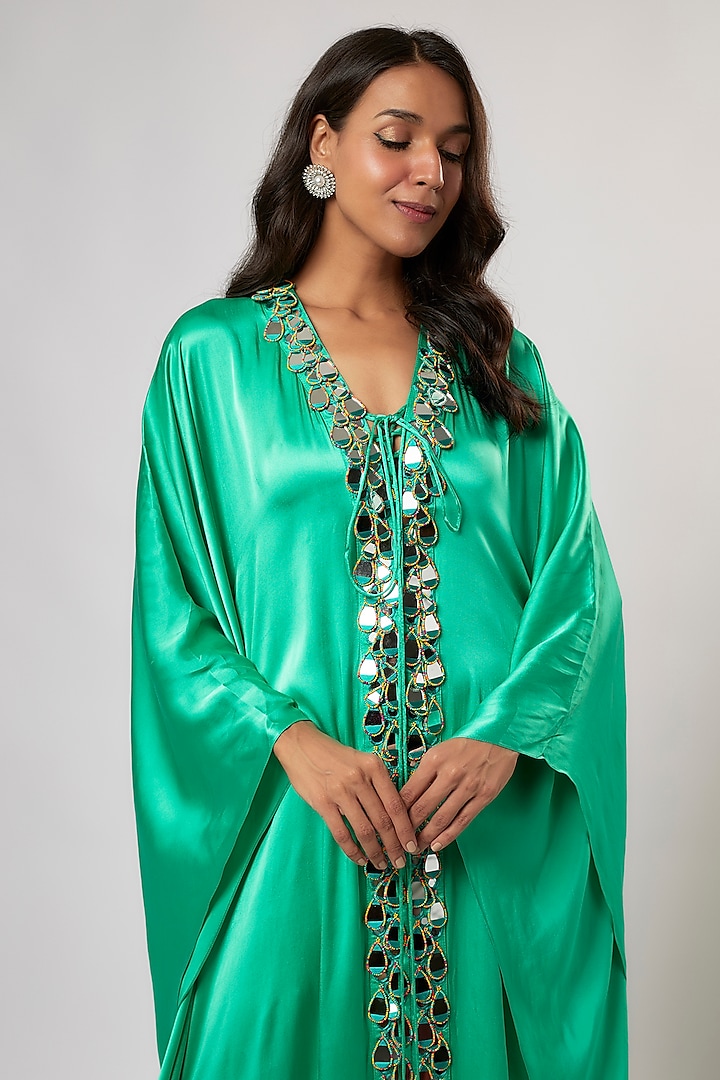 Turquoise Satin Silk Hand Embroidered Kaftan by Akanksha Gajria at Pernia's Pop Up Shop