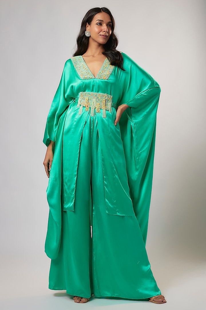 Turquoise Satin Silk Hand Embroidered Kaftan Set by Akanksha Gajria