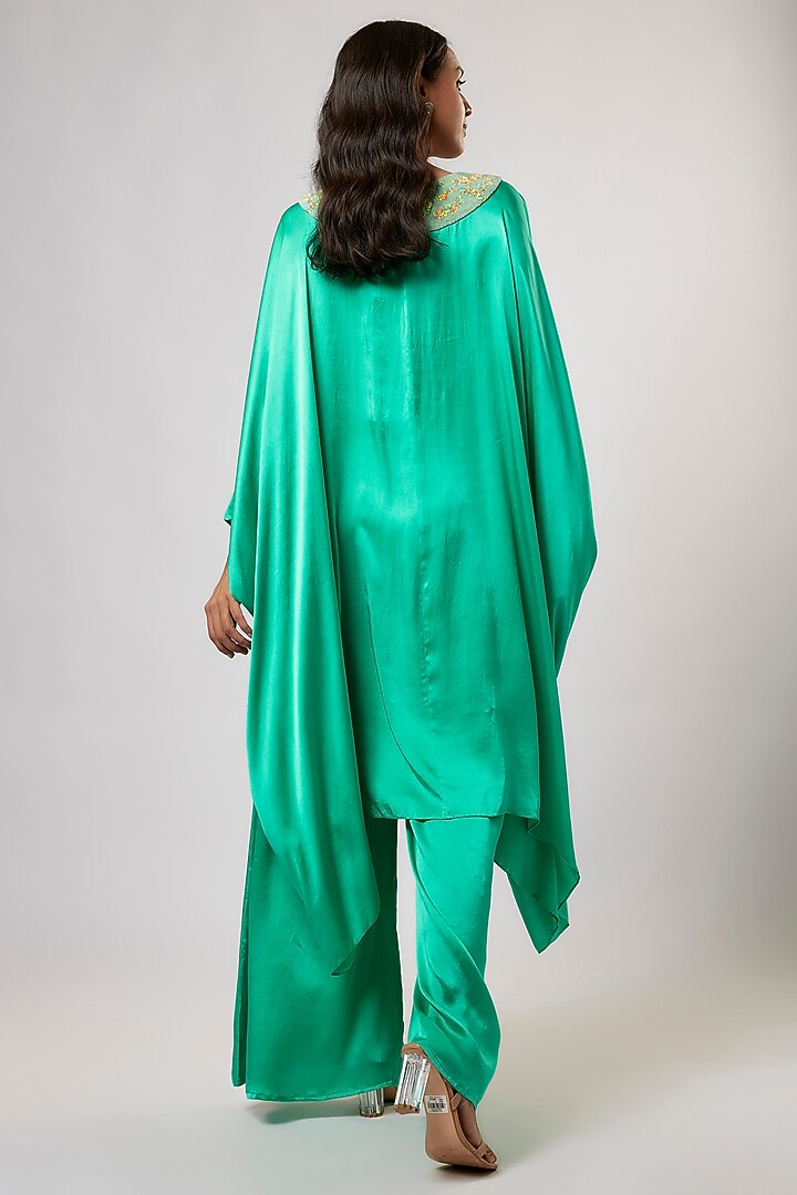 Turquoise Satin Silk Hand Embroidered Kaftan Set by Akanksha Gajria at Pernia's Pop Up Shop