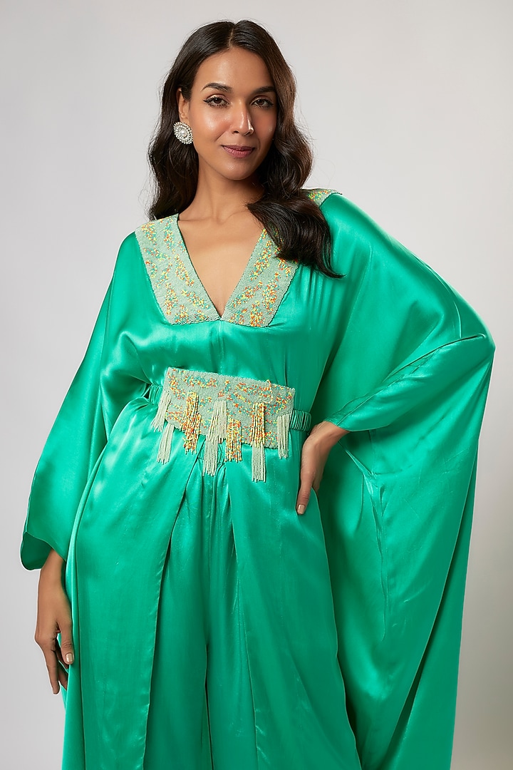 Turquoise Satin Silk Hand Embroidered Kaftan Set by Akanksha Gajria at Pernia's Pop Up Shop