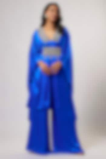 Royal Blue Satin Silk Hand Embroidered Kaftan Set by Akanksha Gajria at Pernia's Pop Up Shop