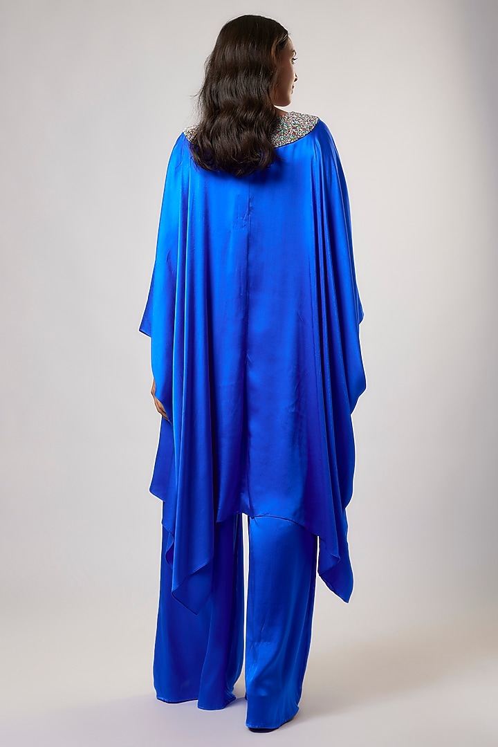 Royal Blue Satin Silk Hand Embroidered Kaftan Set by Akanksha Gajria at Pernia's Pop Up Shop