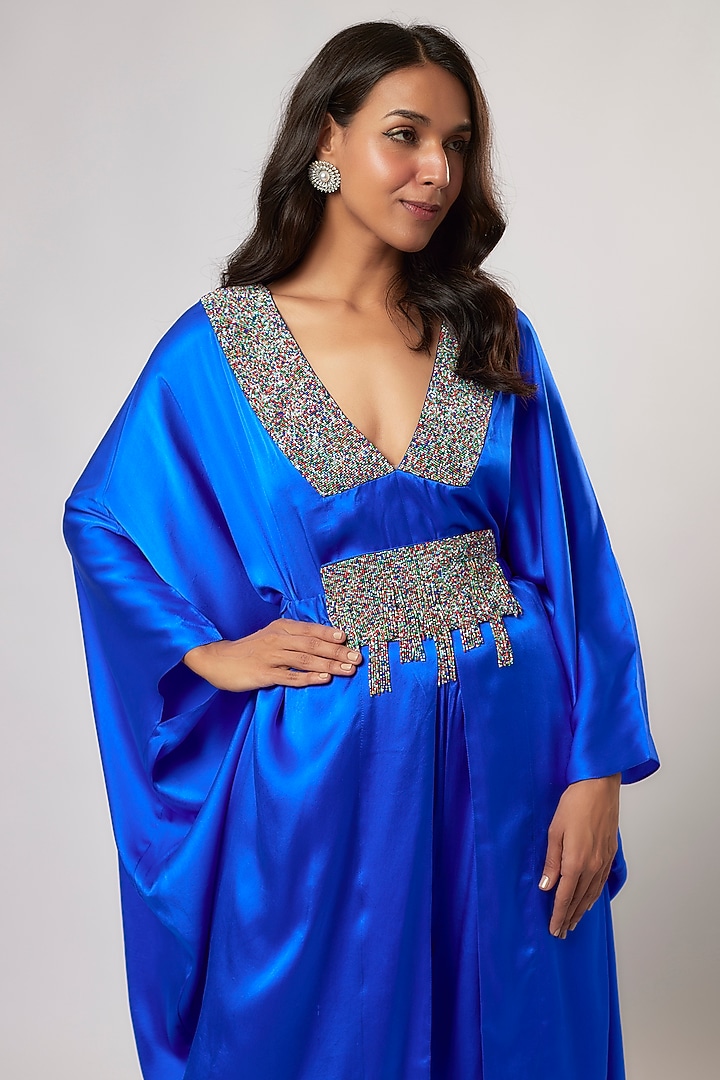 Royal Blue Satin Silk Hand Embroidered Kaftan Set by Akanksha Gajria at Pernia's Pop Up Shop