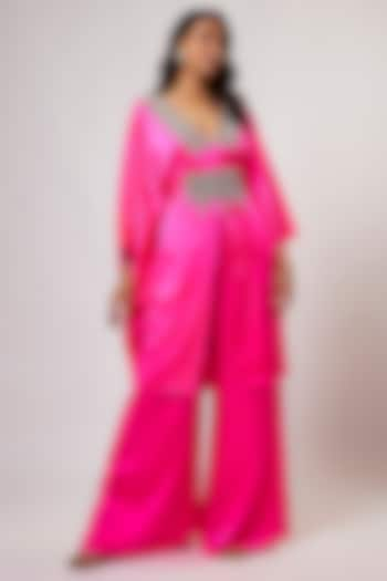 Hot Pink Satin Silk Hand Embroidered Kaftan Set by Akanksha Gajria at Pernia's Pop Up Shop