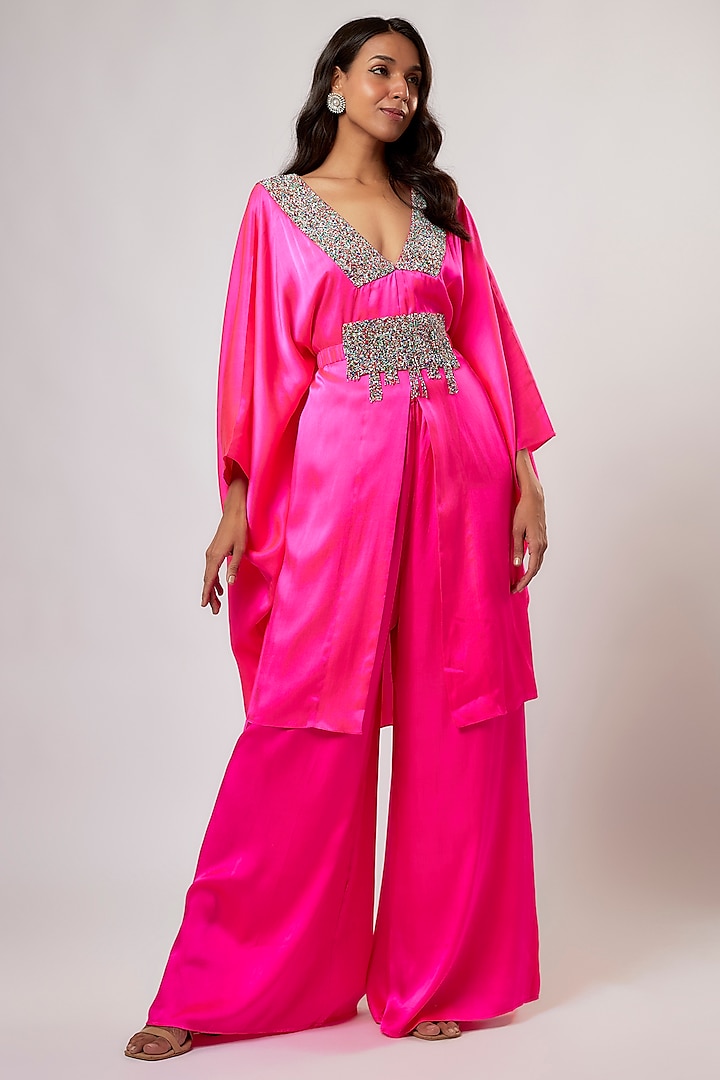 Hot Pink Satin Silk Hand Embroidered Kaftan Set by Akanksha Gajria at Pernia's Pop Up Shop