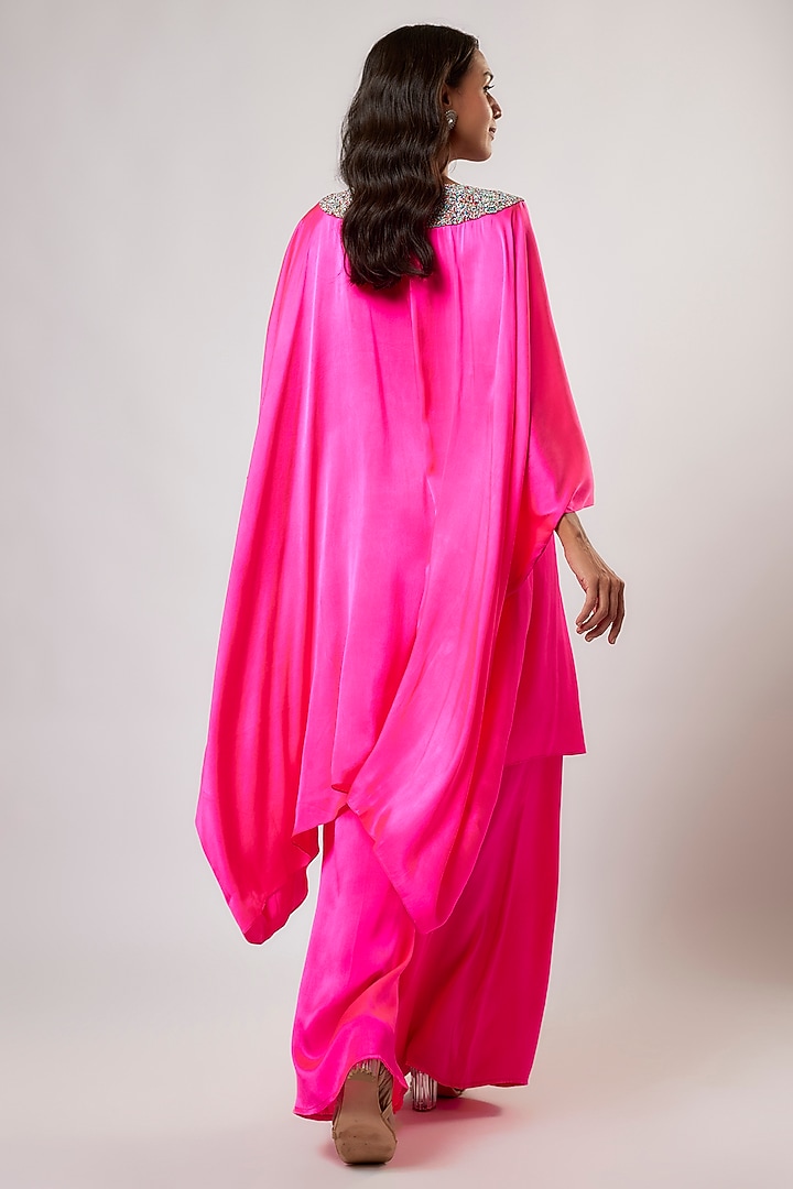 Hot Pink Satin Silk Hand Embroidered Kaftan Set by Akanksha Gajria at Pernia's Pop Up Shop