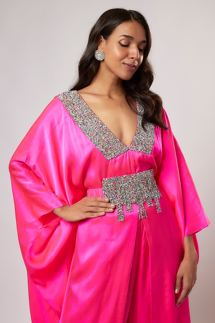 Hot Pink Satin Silk Hand Embroidered Kaftan Set by Akanksha Gajria at Pernia's Pop Up Shop