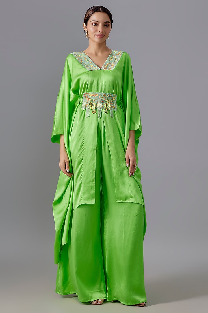 Lime Green Pure Satin Silk Bead Embroidered Kurta Set by Akanksha Gajria at Pernia's Pop Up Shop