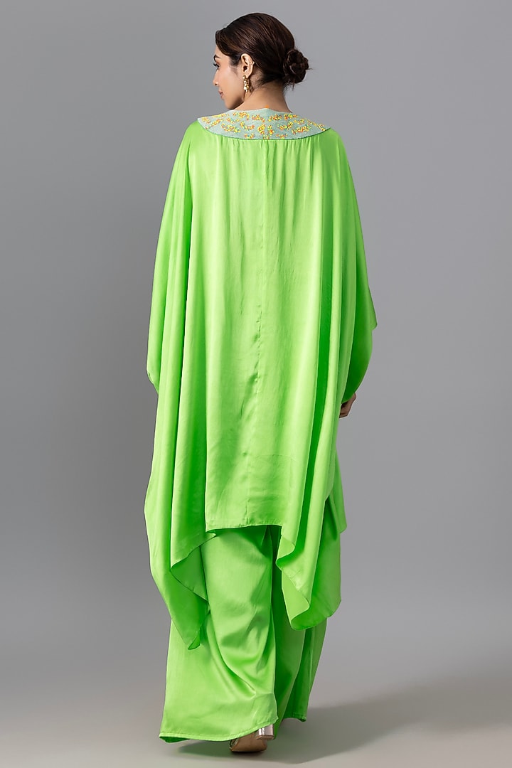 Lime Green Pure Satin Silk Bead Embroidered Kurta Set by Akanksha Gajria at Pernia's Pop Up Shop