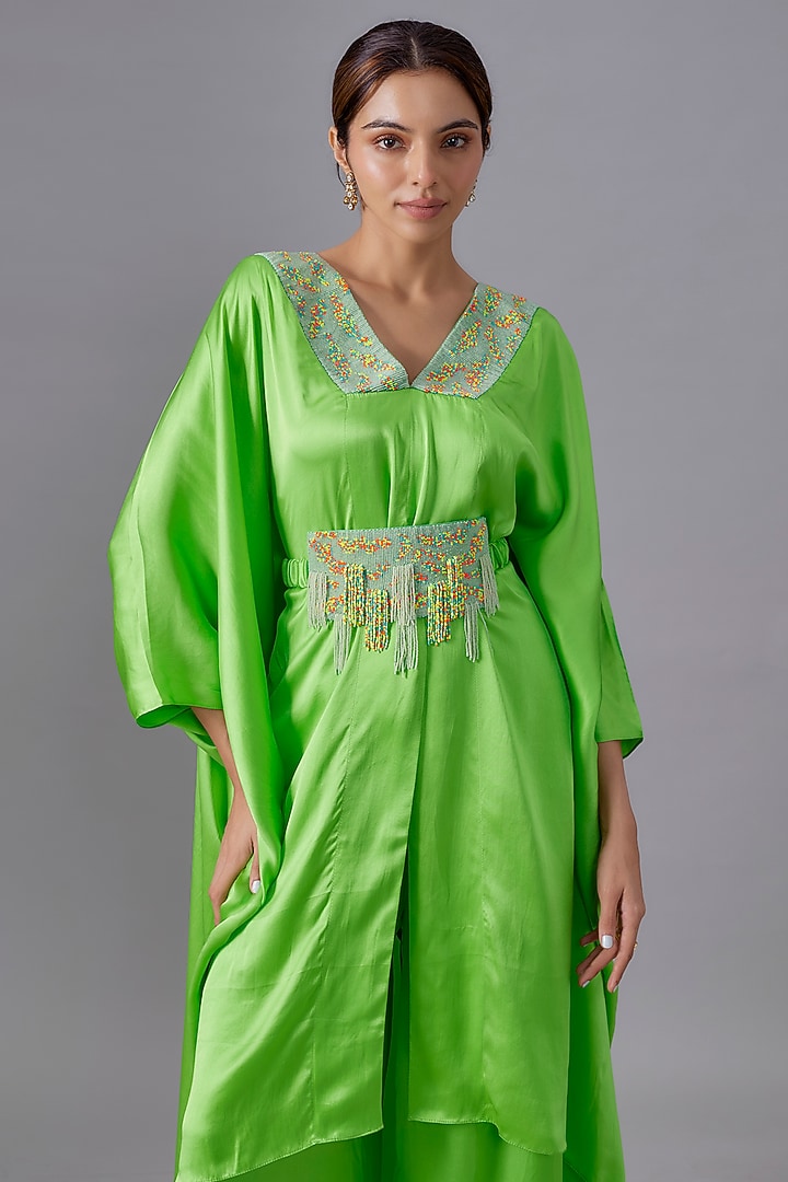 Lime Green Pure Satin Silk Bead Embroidered Kurta Set by Akanksha Gajria at Pernia's Pop Up Shop