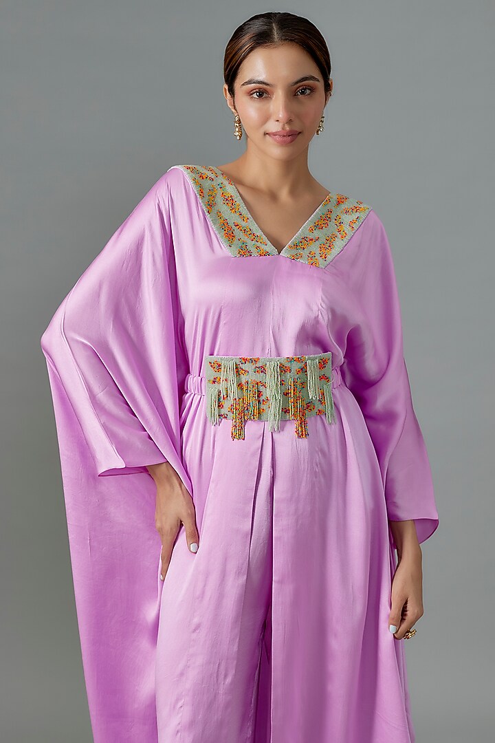 Lilac Pure Satin Silk Bead Embroidered Kurta Set by Akanksha Gajria at Pernia's Pop Up Shop