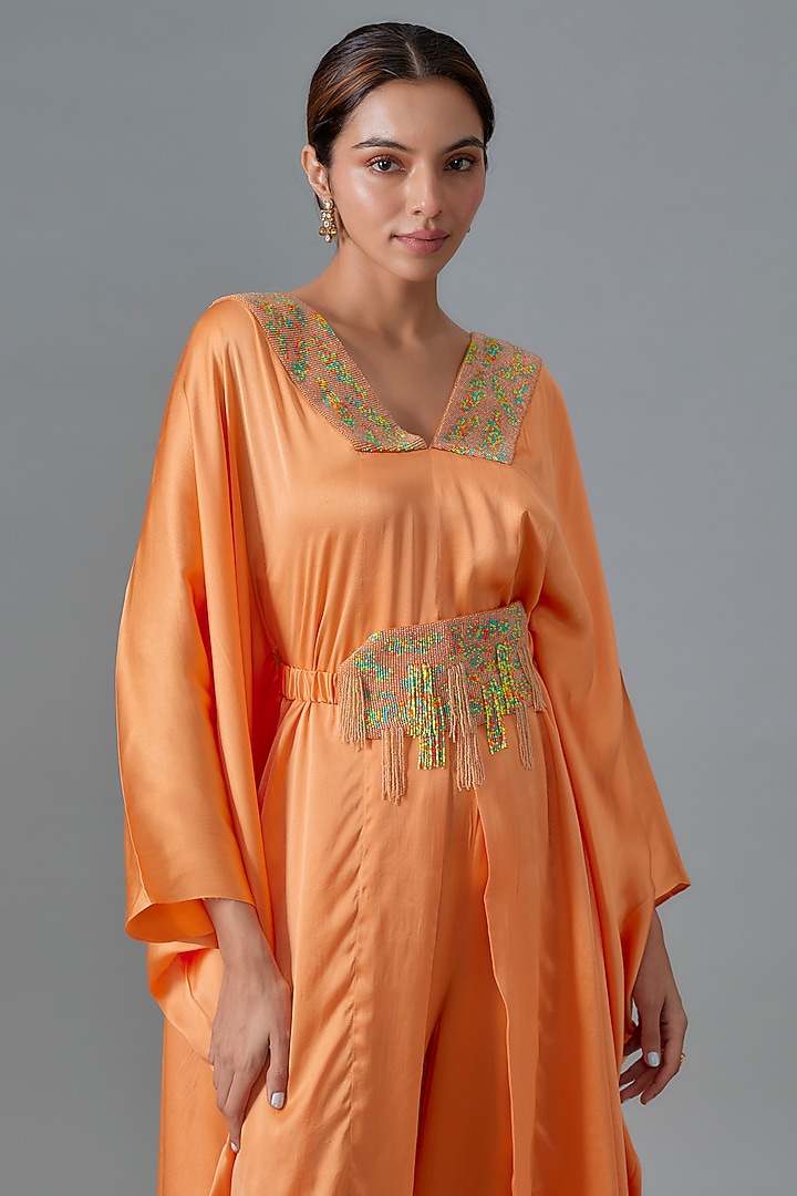 Burnt Orange Pure Satin Silk Bead Embroidered Kurta Set by Akanksha Gajria at Pernia's Pop Up Shop