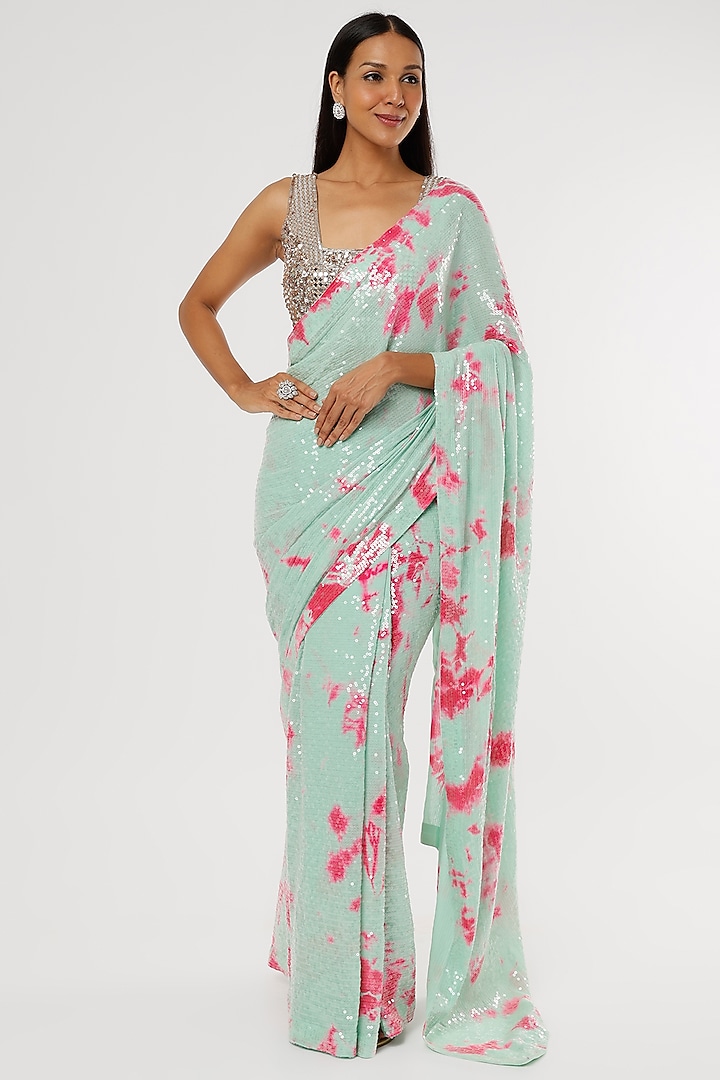 Mint Green Printed Saree Set by Akanksha Gajria