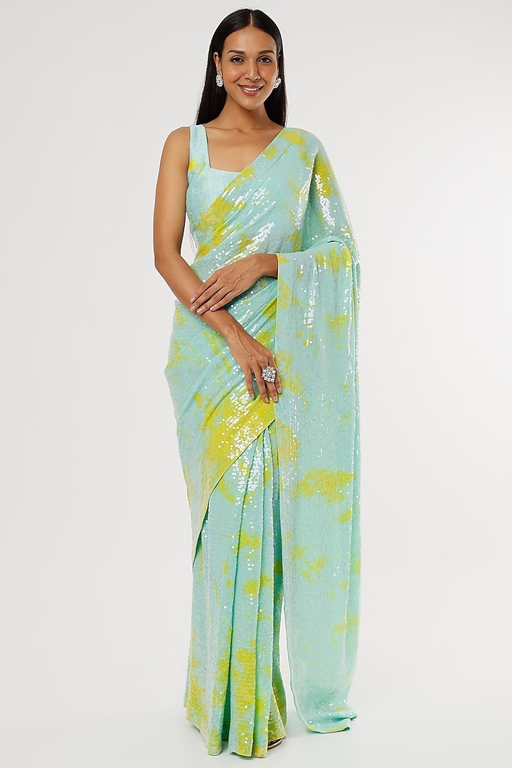 Mint Green Georgette Printed Saree Set by Akanksha Gajria
