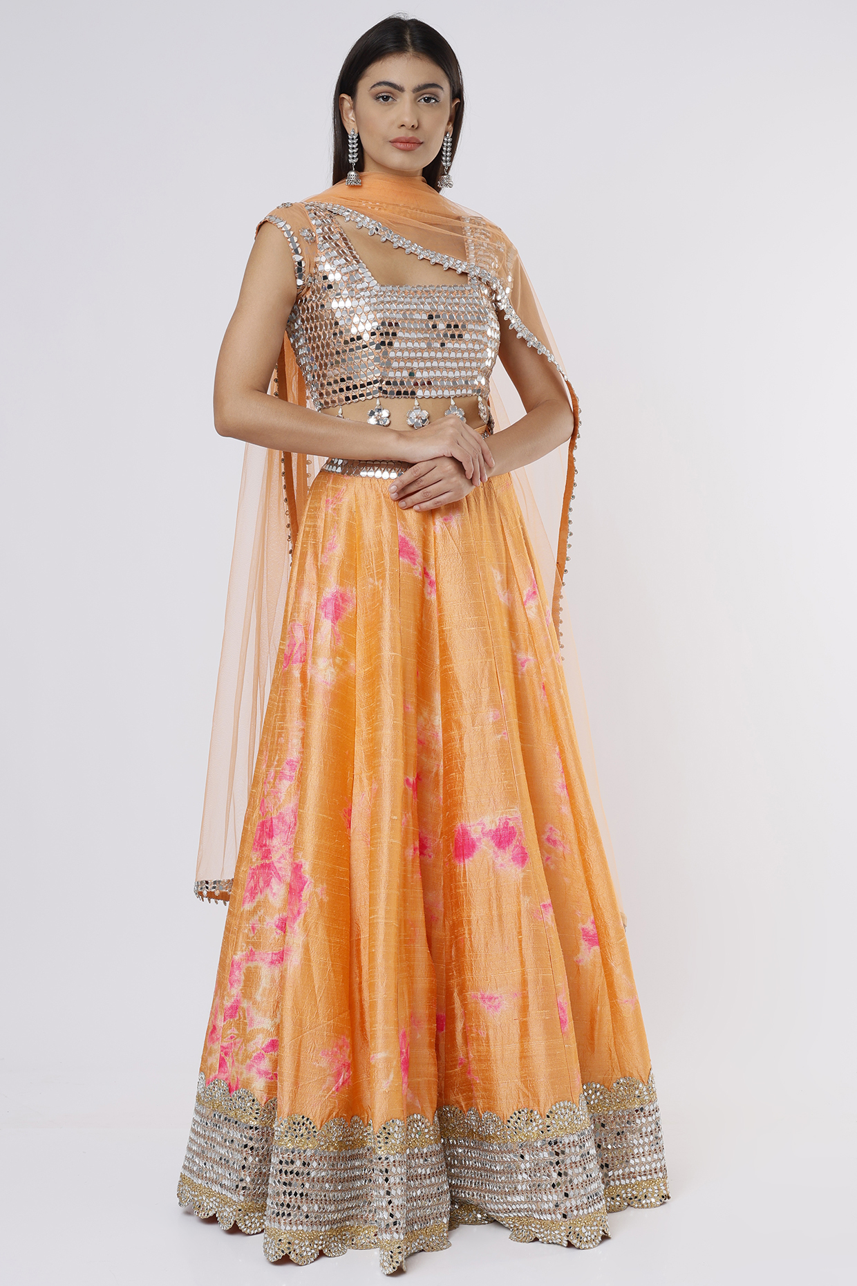 Orange Printed & Embroidered Lehenga Set by Akanksha Gajria