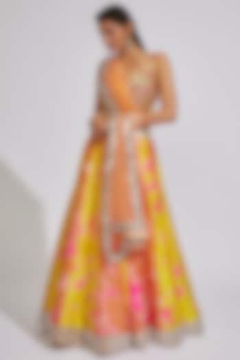 Yellow & Pink Raw Silk Embroidered Tie-Dye Lehenga Set by Akanksha Gajria
