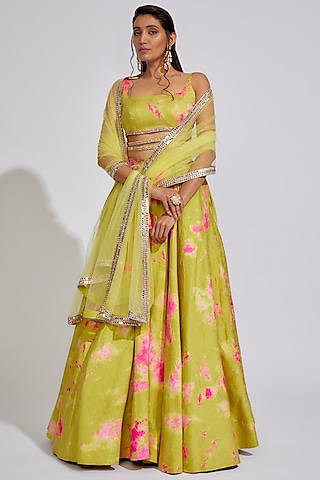 Green Raw Silk Embroidered Tie-Dye Lehenga Set by Akanksha Gajria