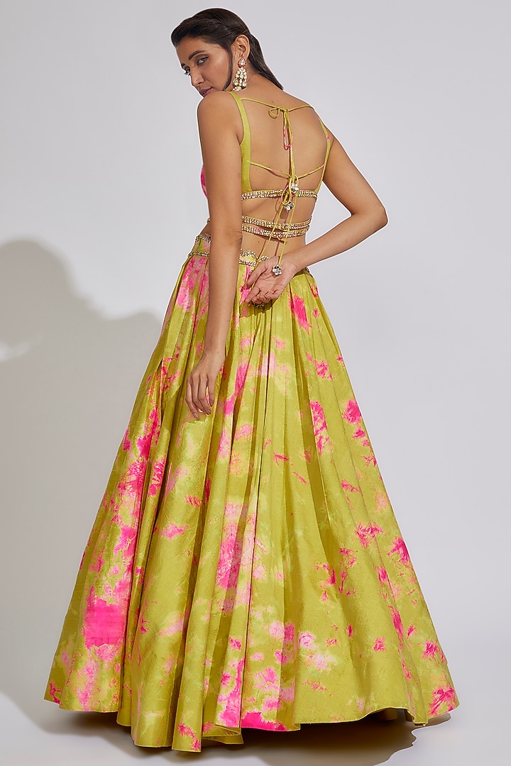 Green Raw Silk Embroidered Tie-Dye Wedding Lehenga Set by Akanksha Gajria at Pernia's Pop Up Shop