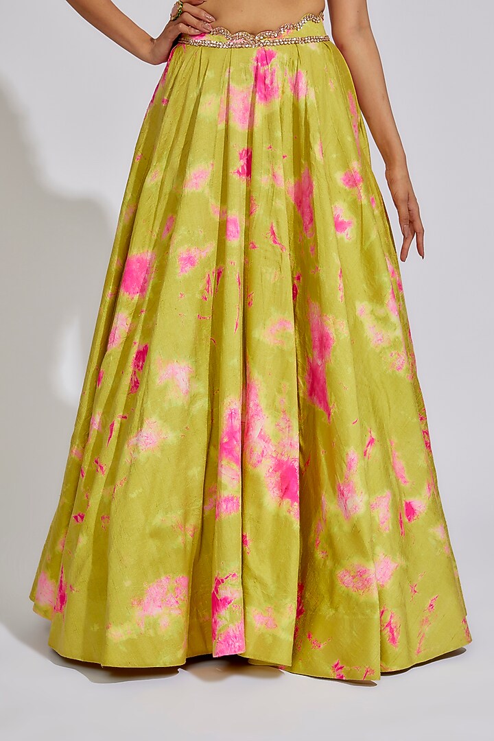 Green Raw Silk Embroidered Tie-Dye Wedding Lehenga Set by Akanksha Gajria at Pernia's Pop Up Shop