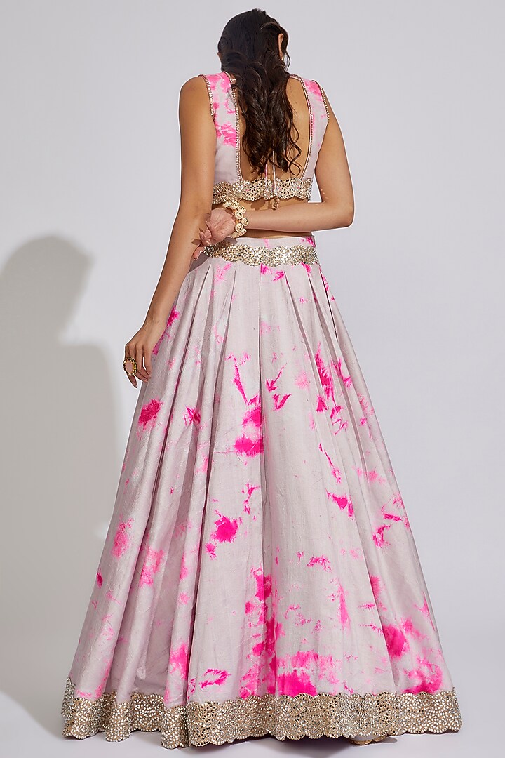 Ivory & Fuchsia Raw Silk Embroidered Tie-Dye Wedding Lehenga Set by Akanksha Gajria at Pernia's Pop Up Shop