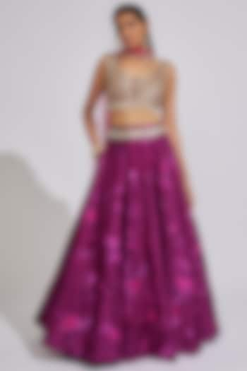 Purple Raw Silk Embroidered Tie-Dye Lehenga Set by Akanksha Gajria