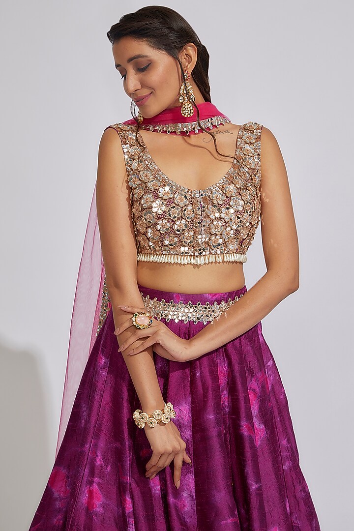 Purple Raw Silk Embroidered Tie-Dye Wedding Lehenga Set by Akanksha Gajria at Pernia's Pop Up Shop