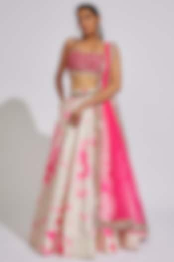 White & Pink Raw Silk Tie-Dye Wedding Lehenga Set by Akanksha Gajria at Pernia's Pop Up Shop