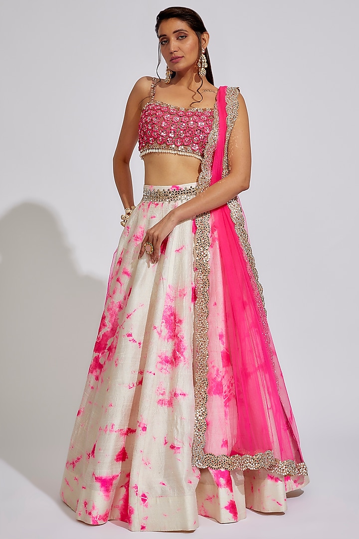 White & Pink Raw Silk Tie-Dye Wedding Lehenga Set by Akanksha Gajria at Pernia's Pop Up Shop