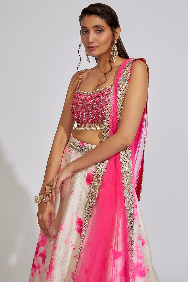 White & Pink Raw Silk Tie-Dye Wedding Lehenga Set by Akanksha Gajria at Pernia's Pop Up Shop