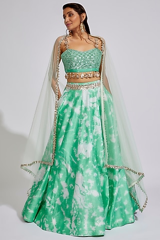 Mint Green Raw Silk Tie-Dye Lehenga Set by Akanksha Gajria